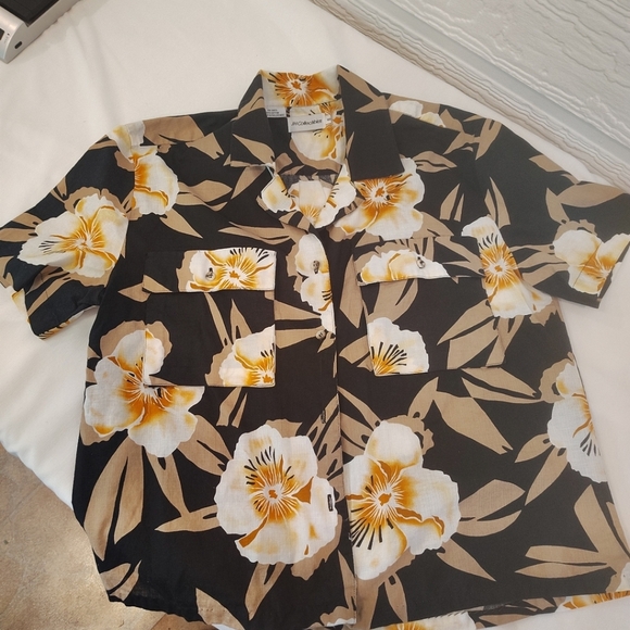 Floral Black and Tan Womans Hawaiian Resortware Vacation Beach Retro 90s - Picture 2 of 8
